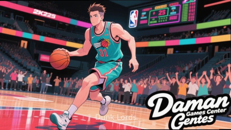 Dunk Lords gameplay showing a player performing a spectacular dunk with Dunk Lords watermark